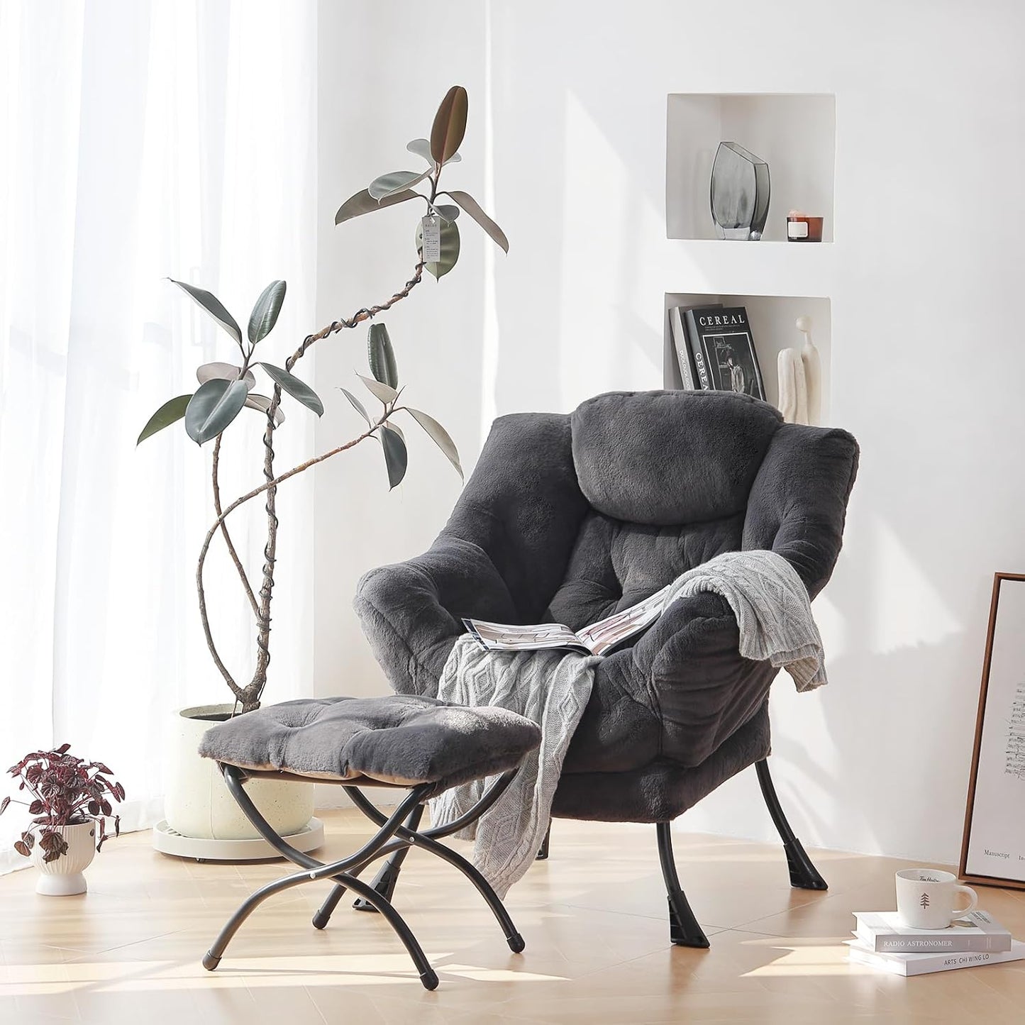 Plush Lazy Chair and Ottoman, Large Contemporary Accent Lounge Chair with Armrests and a Side Pocket, Modern Leisure Upholstered Sofa Reading Armchair with Footrest for Bedroom, Living Room