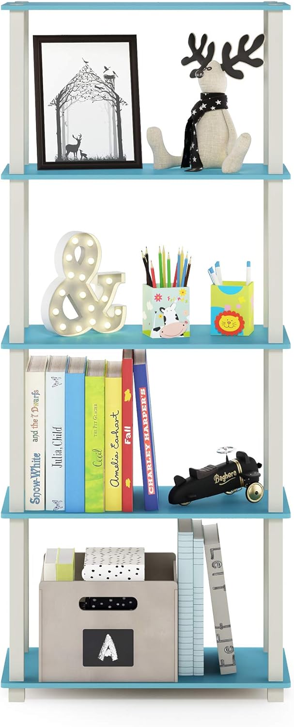 Furinno Turn-N-Tube 5-Tier Multipurpose Shelf / Display Rack / Storage Shelf / Bookshelf, Square Tubes, Light Blue/White