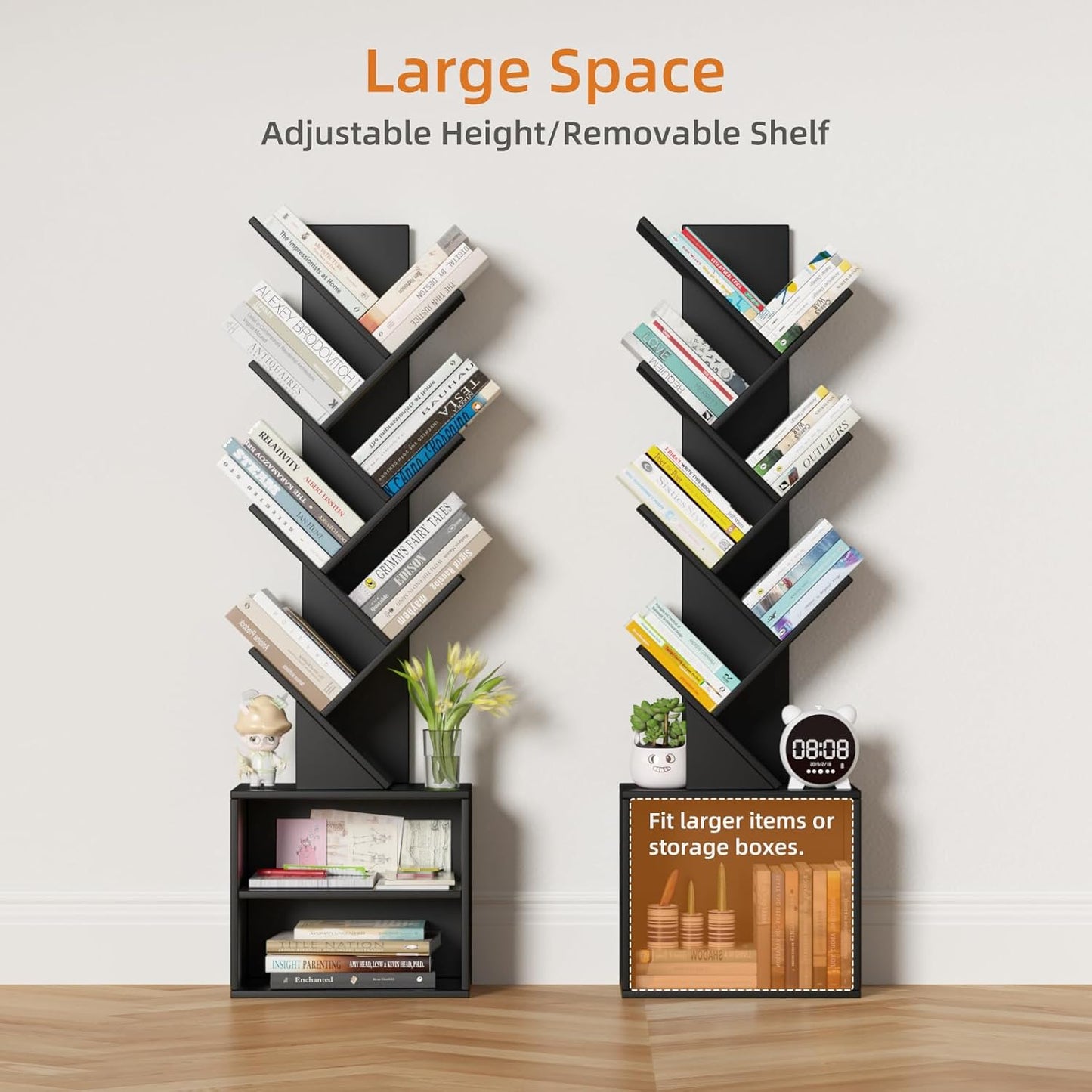 10 Tier Tree Bookshelf,Floor Standing Wood Tall Bookcase for Narrow Space, Storage Organizer Bookshelves for Books, Book Case for CDs/Movies/Books,Home Office,Living Room, Bedroom