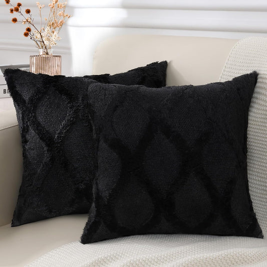 decorUhome Throw Pillow Covers 24x24 Inch Set of 2, Soft Plush Faux Fur Wool Black Couch Pillow Covers, Decorative Neutral Pillow Cases for Bed Sofa Living Room Home Decor