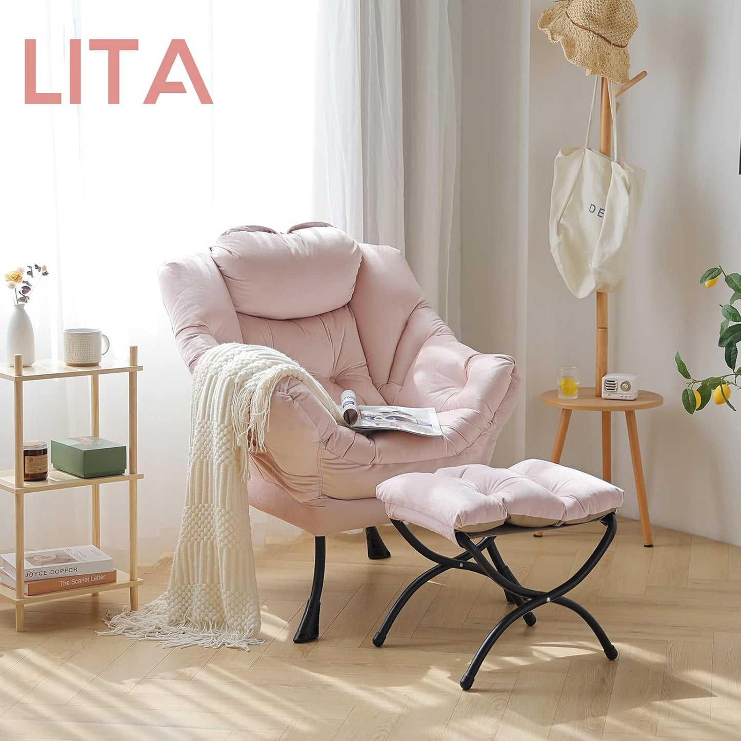 LITA Lazy Chair With Ottoman, Modern Accent Leisure Upholstered Sofa, Contemporary Lounge Reading With Armrests and Side Pocket for Living Room, Bedroom & Small Space, Pink