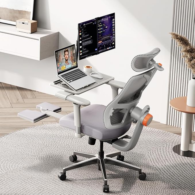 Newtral Ergonomic Office Chair-Home Office Desk Chair with Footrest, Auto-Following Backrest & Headrest, 4D Armrests, 96°-136° Recline (Gray, with Laptop Table)