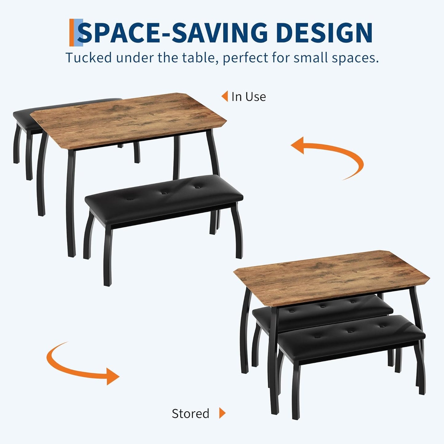 GAOMON Dining Table Set for 4, Metal Frame Kitchen Table Set with 2 Upholstered Bench, 3 Piece Dining Room Table Furniture for Apartment, Studio, Home, Easy Assembly, Retro Brown