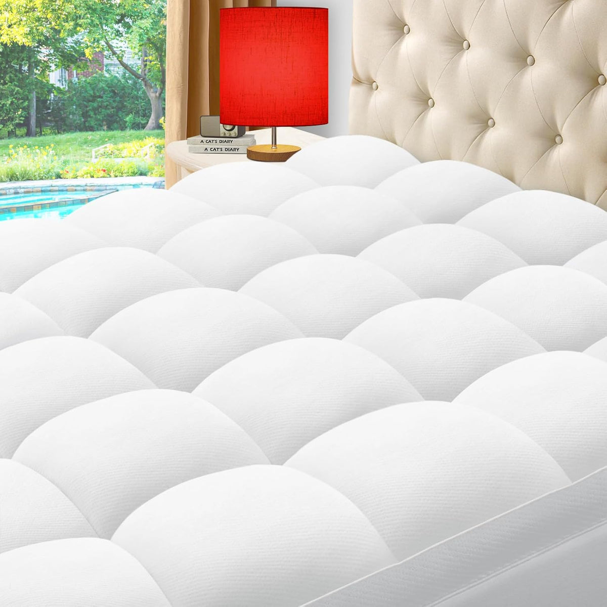 ELEMUSE Full Cooling Bamboo Viscose Mattress Topper for Back Pain, Extra Thick Mattress Pad Cover, Plush Soft Pillowtop with Elastic Deep Pocket, Overfilled Down Alternative Filling