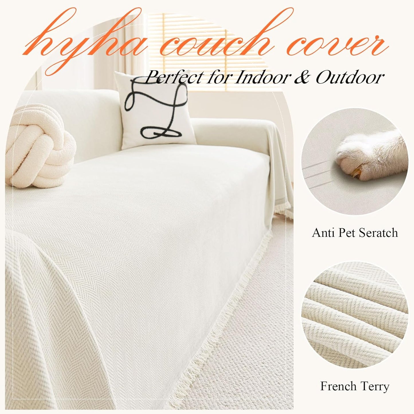 hyha Couch Cover for Dogs, Boho Sofa Covers for 3 Cushion Couch Washable, Chenille Sofa Slipcover for Pets, Soft Loveseat Sectional Couch Throw Blankets with Tassels (Beige, 71x134 Inch)