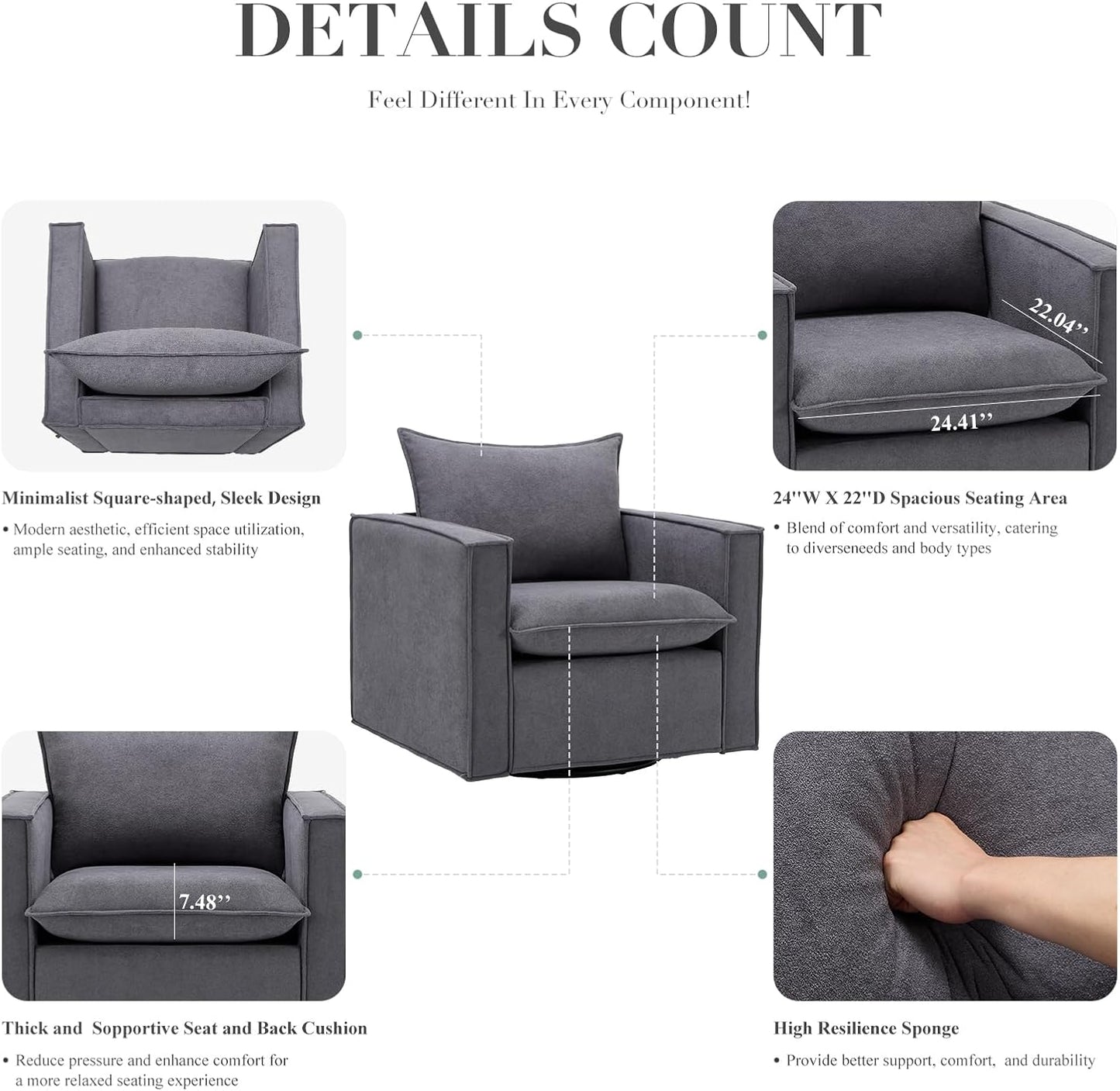 COLAMY Swivel Accent Chair, 34 Inches Wide Upholstered Arm Chair with Plump Back Pillow, Modern Sofa Living Room Chair for Bedroom, Corner, Reading Nook-Grey