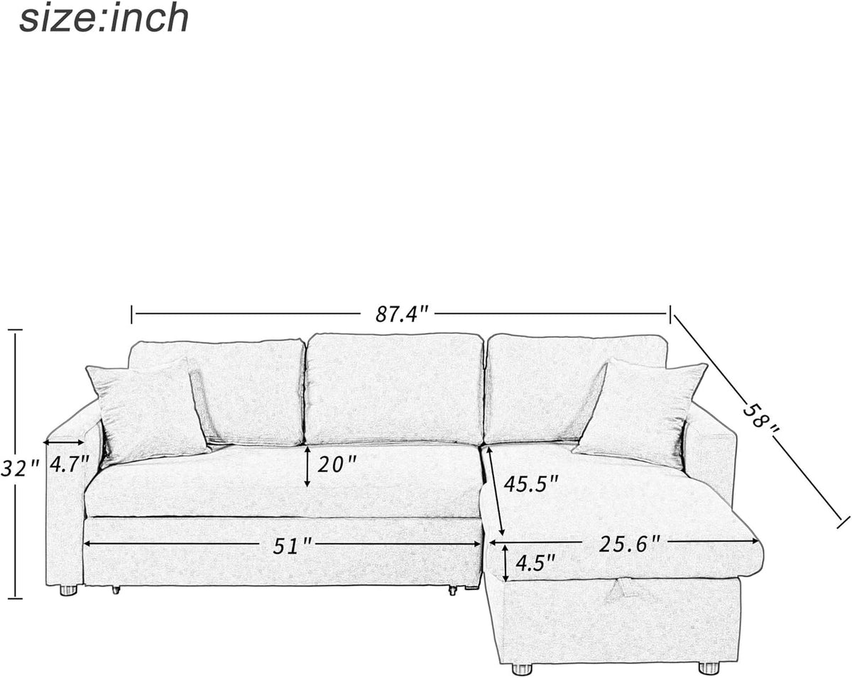 87.4 Inch L Shape Sleeper Sectional Sofa with Storage Chaise, Pull Out Bed and 2 Tossing Cushions, Upholstered Corner Couch for Living Room, Apartment, Home Furniture, Gray