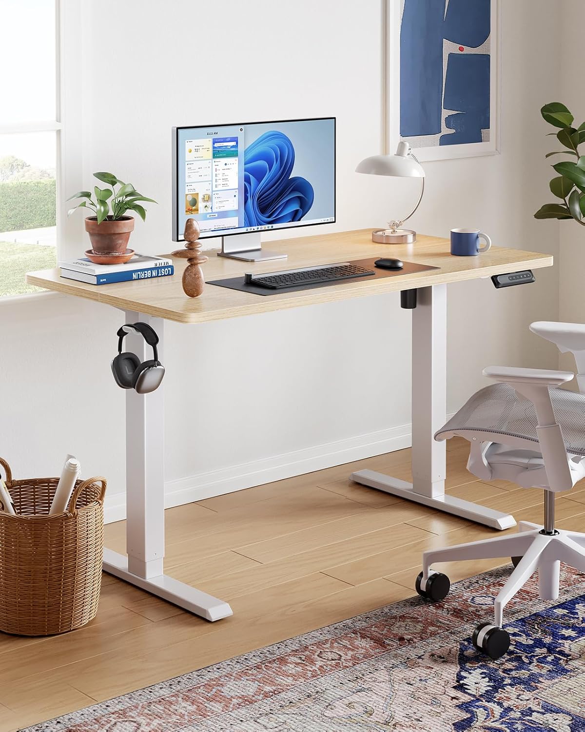 HUANUO 63" x 28" Electric Standing Desk Adjustable Height, 4 Memory Height Settings, Headphone Hook, Cable Manager, Sit Stand Up Desk for Home Office & Computer Workstation, Nature
