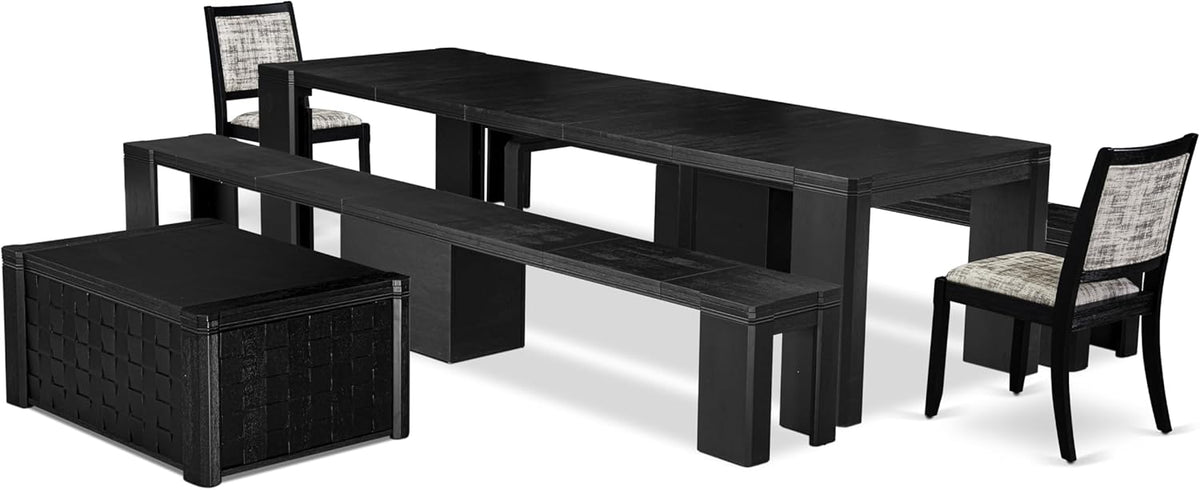 X02X2-2C6-30 4-pc Dining Room Table Set a Rectangular Kitchen Table and a wooden Bench and 2 Wire Brushed Black Polyester Stackable Chair, 39x120 Inch, Wire Brushed Black