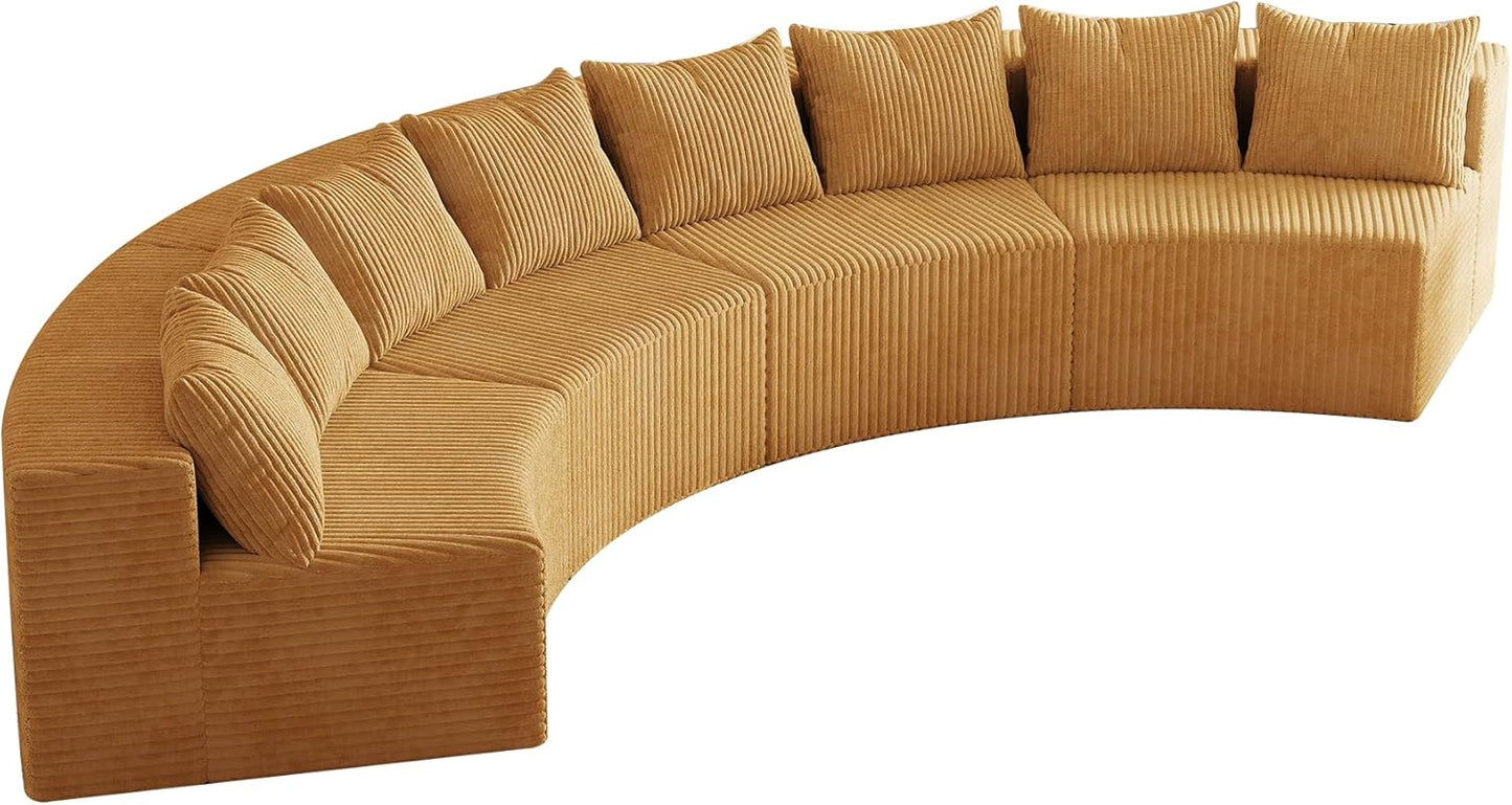 KEIKI Corduroy Curved Sectional Sofa, 4 Seater Symmetrical Modular Semi Circular Couch, Deep Seat Tufted Corner Sofa for Living Room, Lobby, Yellow
