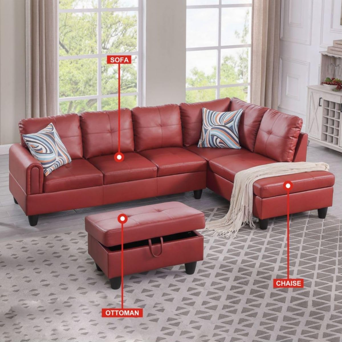 Red L-Shaped 3-Piece Faux Leather Sofa with Storage Ottoman Set, Sectional Couch Sofa Set for Living Room, Office, Small Space