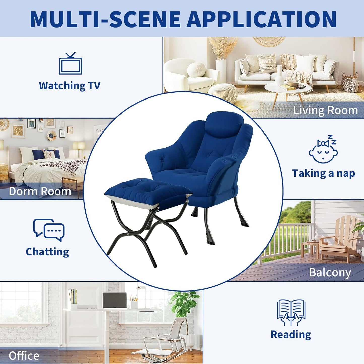 Lazy Chair with Ottoman - Modern Living Room Chairs for Small Spaces, Ergonomic Reading Chair with Armrests, Comfy Chair with Ottoman for Bedroom & Living Room, Blue