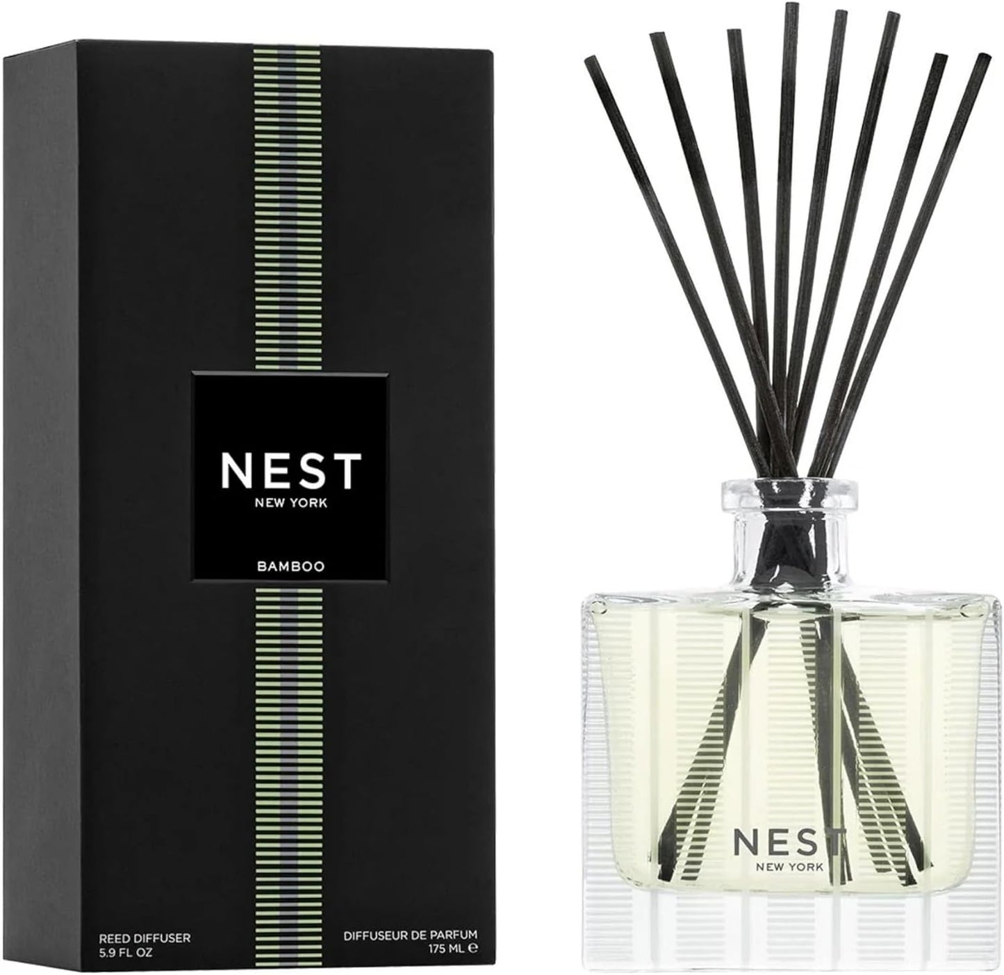 NEST New York Reed Diffuser, Bamboo - 5.9 fl oz - Fragrance for Up to 90 Days - Reusable, Refillable Glass Holder - Includes 8 All-Natural Reed Sticks - Flame Free