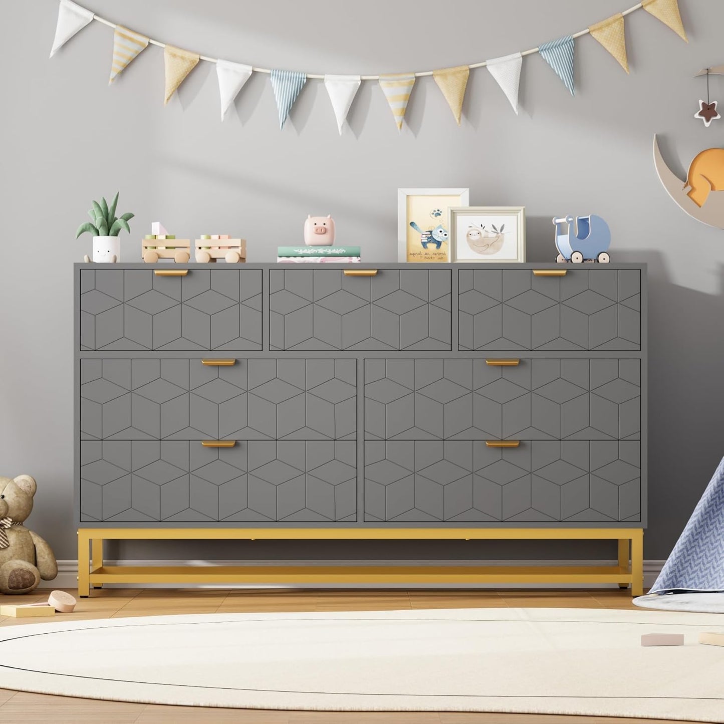 Dresser for Bedroom, 53.5" Wide Dresser Organizer, 7 Drawer with Golden Metal Handle and Legs, Modern Chest of Drawers for Closet, Hallway, Living Room, Entryway, Grey