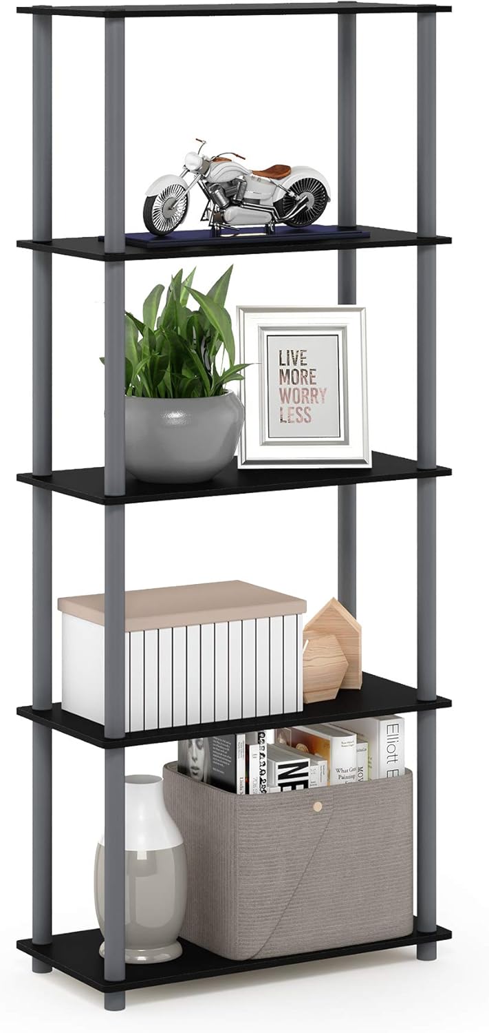 Furinno Turn-N-Tube 5-Tier Multipurpose Shelf / Display Rack / Storage Shelf / Bookshelf, Round Tubes, Black/Grey
