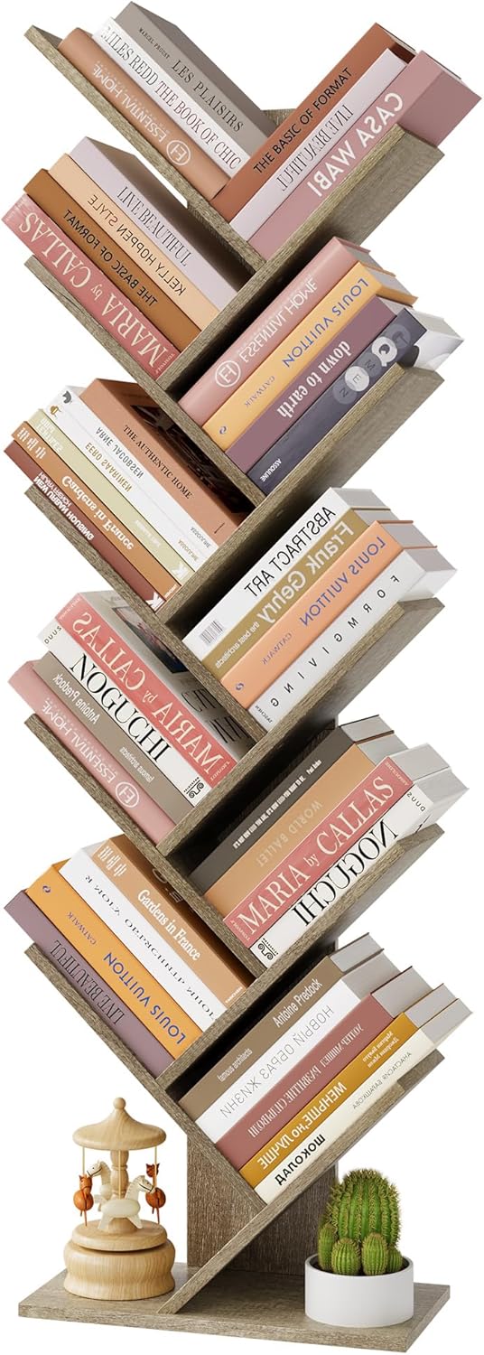 Hoctieon 10 Tier Tree Bookshelf, 10 Shelf Bookcase, Free Standing Tree Bookcase, Display Floor Standing Shelf for Books, Book Organizer Shelves for Home Office, Living Room, Bedroom, Greige