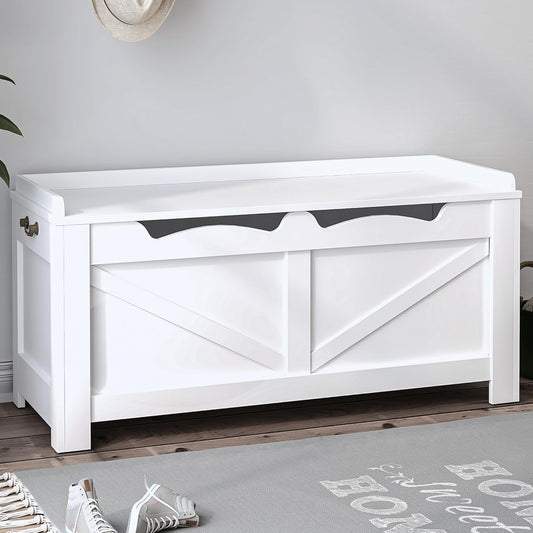 39.4" Storage Chest, Extra Large Storage Trunk with 2 Safety Hinges, Wooden Box Bench, Lift-Top Organizer Chest, Shoe Bench for Entryway, Bedroom, Living Room, White SB04503X