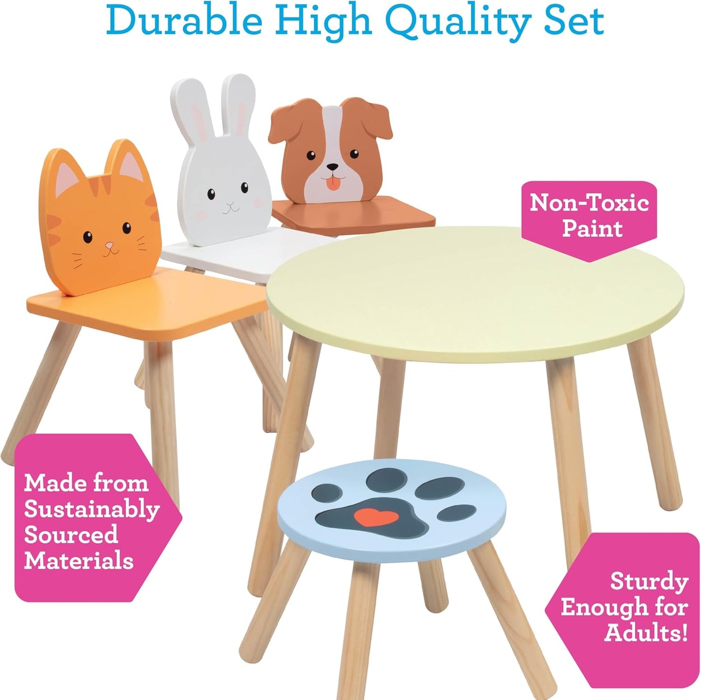 Kids Wooden Animal Table & Chair Set w 4 Seats- Puppy Kitten Bunny Plus Adult Stool for Arts Crafts Activity, Dining, Pretend Play- Durable Playroom Furniture for Home, Daycare Classroom- Toddler Gift
