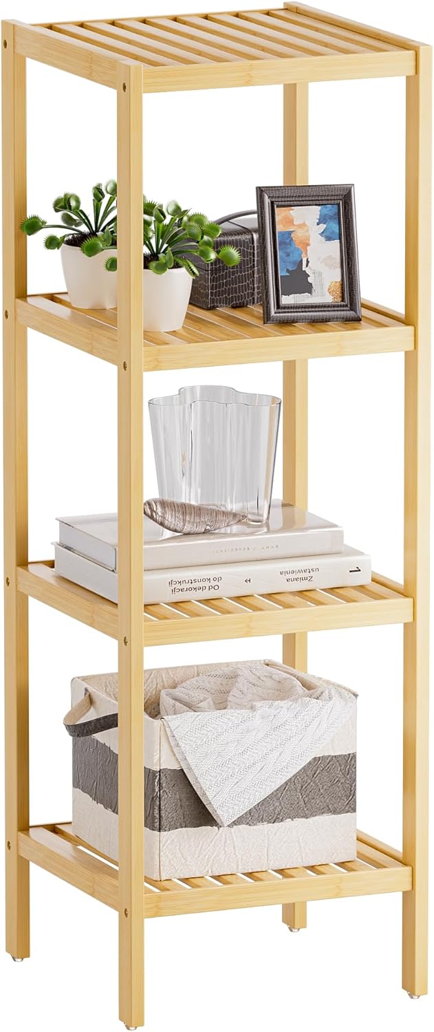 SMIBUY Bathroom Storage Shelf, 4-Tier Bamboo Rack Organizer, Multifunctional Shelving Unit for Living Room Bedroom Kitchen (Natural)
