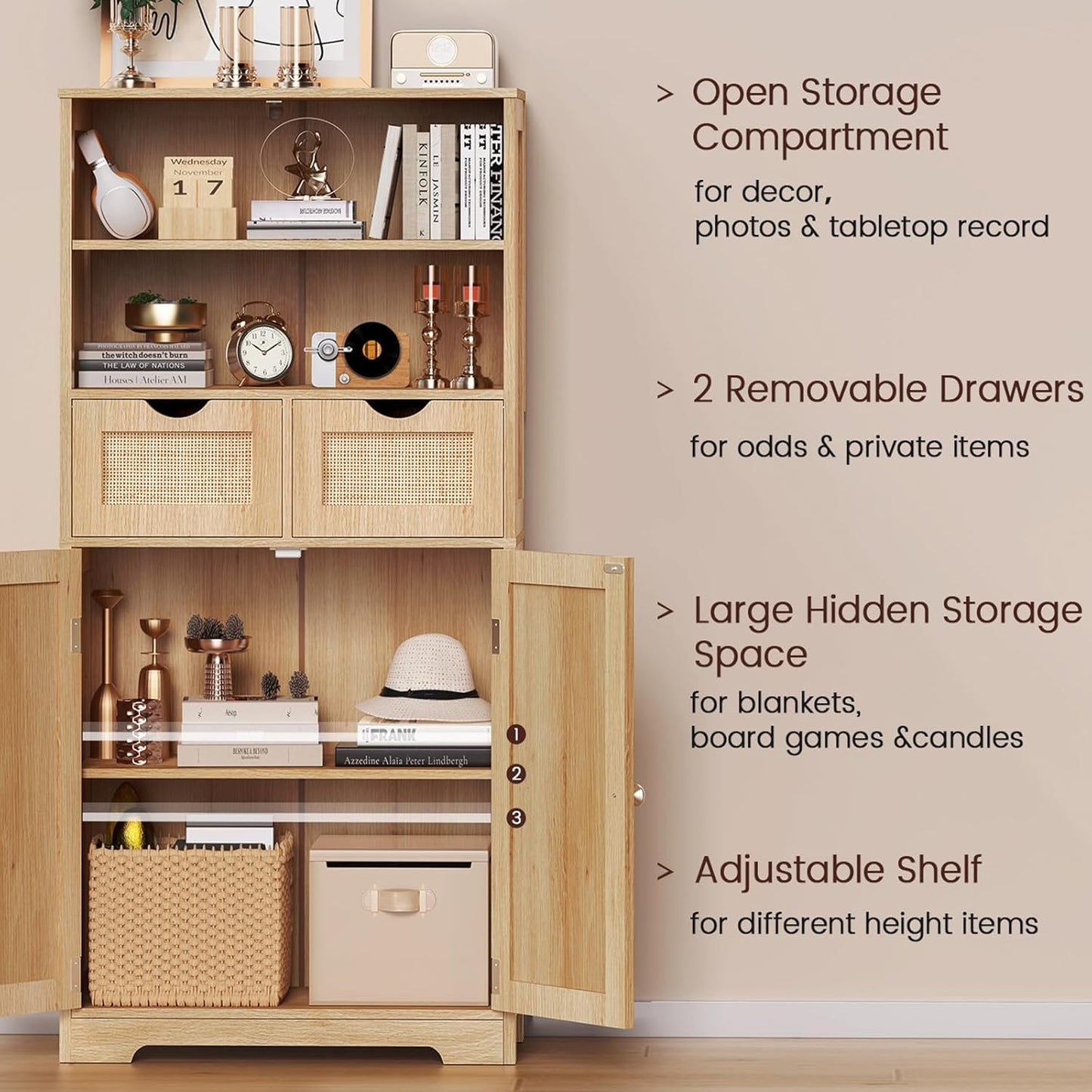 Iwell Tall Storage Cabinet, Rattan Cabinet with 2 Drawers & Adjustable Shelf, Kitchen Pantry Storage Cabient, Entryway Cabinet for Living Room, Dining Room, Home Office, Natural