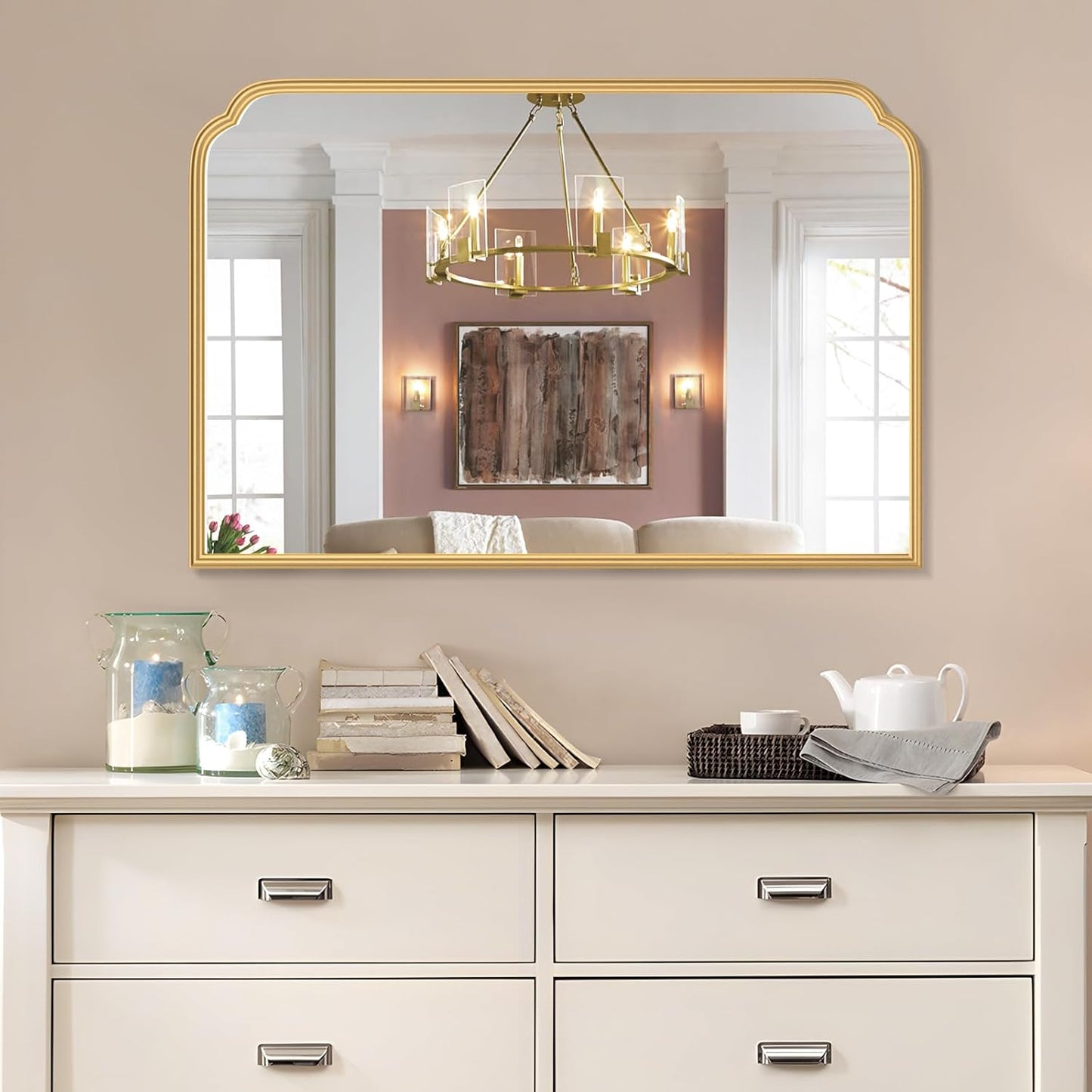 36X24 Inch Gold Bathroom Vanity Mirror for Over Sink, Modern Rounded Corner Fireplace Decor Mirror with Non-Rusting Iron Metal Framed