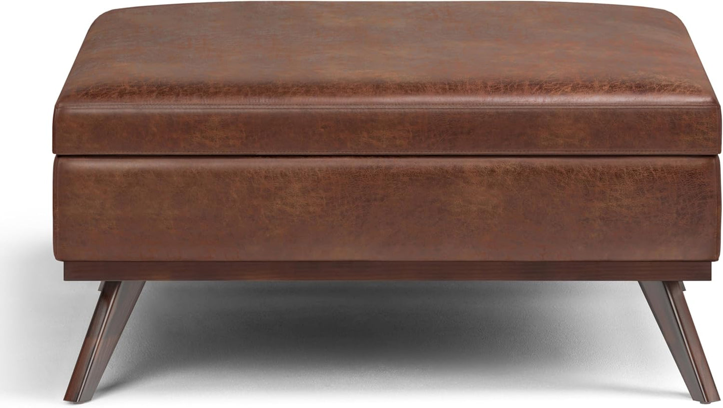 SIMPLIHOME Owen 40 inch Wide Mid Century Modern Square XL Coffee Table Storage Ottoman in Distressed Saddle Brown Vegan Faux Leather, Assembled, For the Living Room, Entryway and Family Room