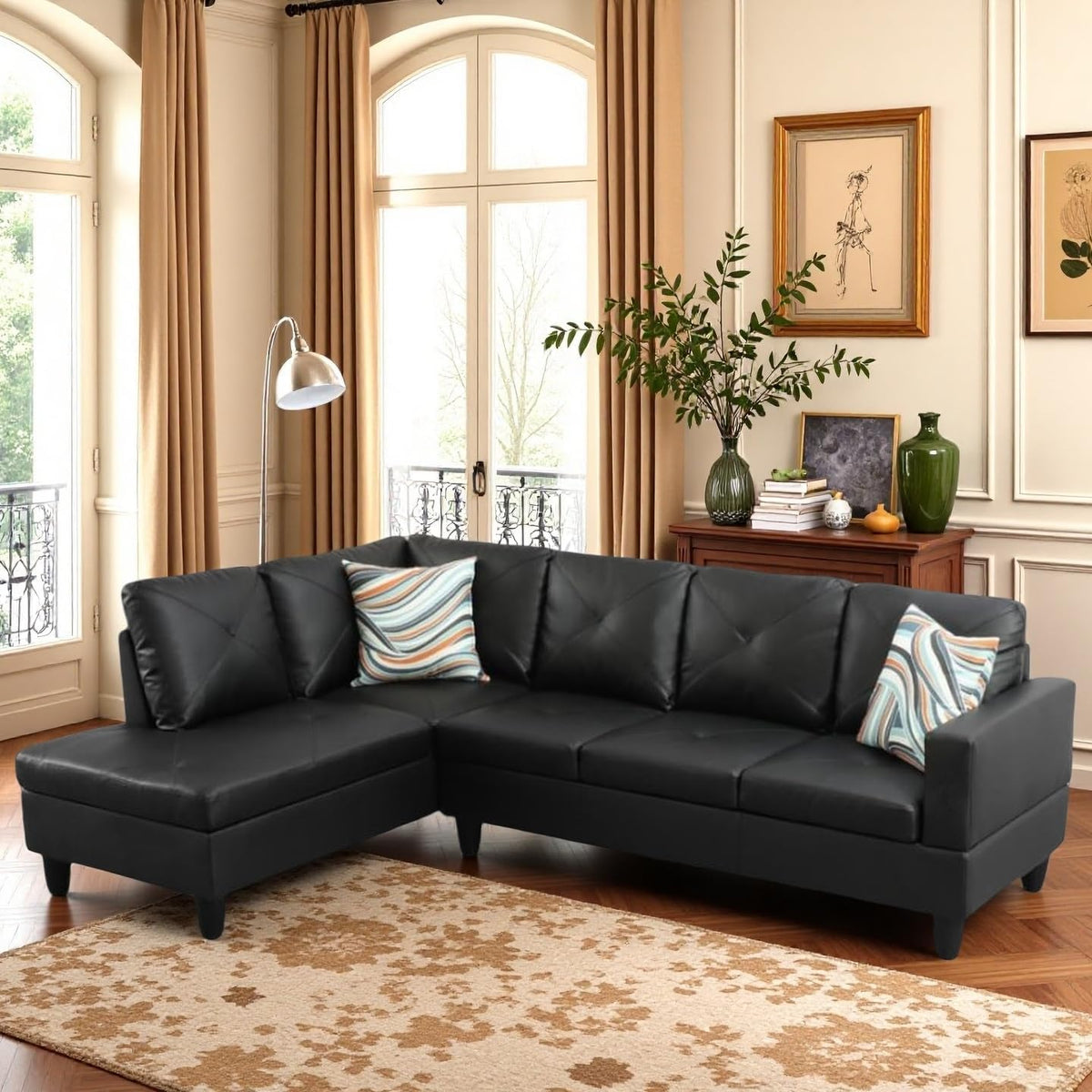 L-Shaped Sectional Sofa, Modern Sectional Couches Home Sofas for Living Room with Movable Chaise, Modular Living Room Sets Furniture for Apartment Bedroom & Office, Black