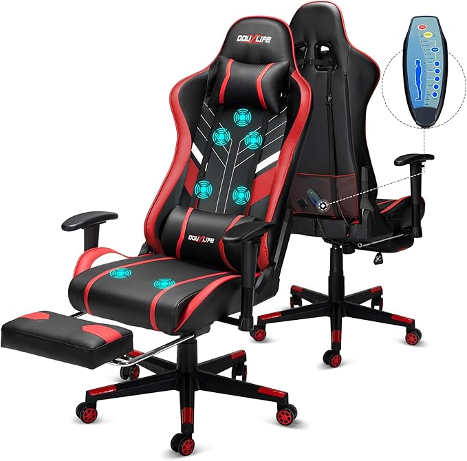 Douxlife Computer Gaming Chair with Footrest, Height Adjustable Game Chair for Adults 360°-Swivel Seat and Headrest and for Office or Gaming, Racing Style Black Red