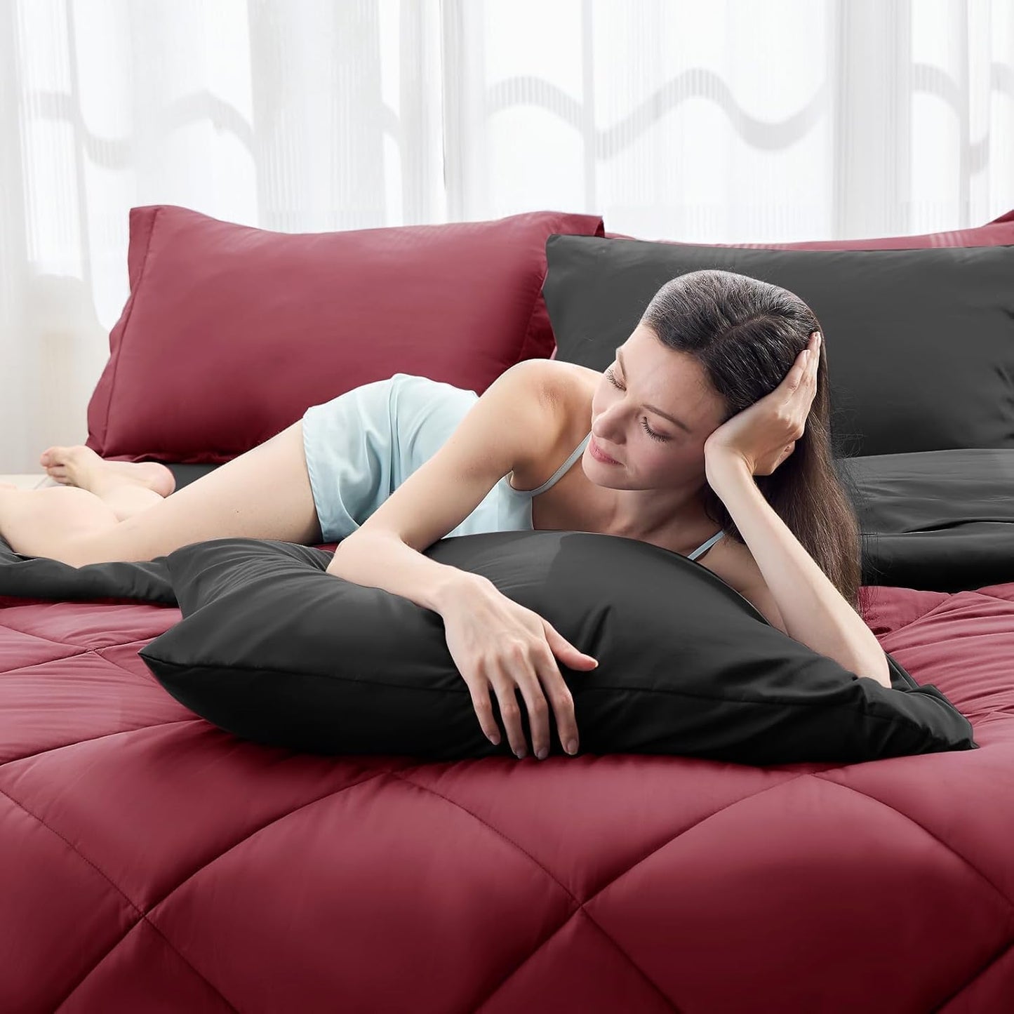 HEVUMYI Red & Black Twin Comforter Set - 5-Piece All Season Bed in a Bag Twin, Ultra Soft Burgundy Bedding Set with Comforter, Flat Sheet, Fitted Sheet, Pillowcases, Pillow Shams, Burgundy Red & Black