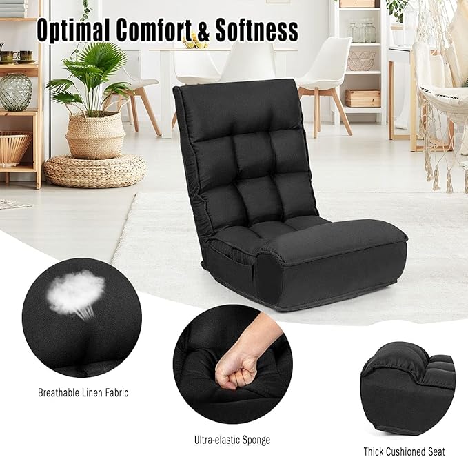 DORTALA Foldable Floor Chair for Adults, Memory Foam Gaming Chair w/ 5-Position Adjustable Head and Back Support, Indoor Seat for Bedroom, Living Room, Gaming Room, Black