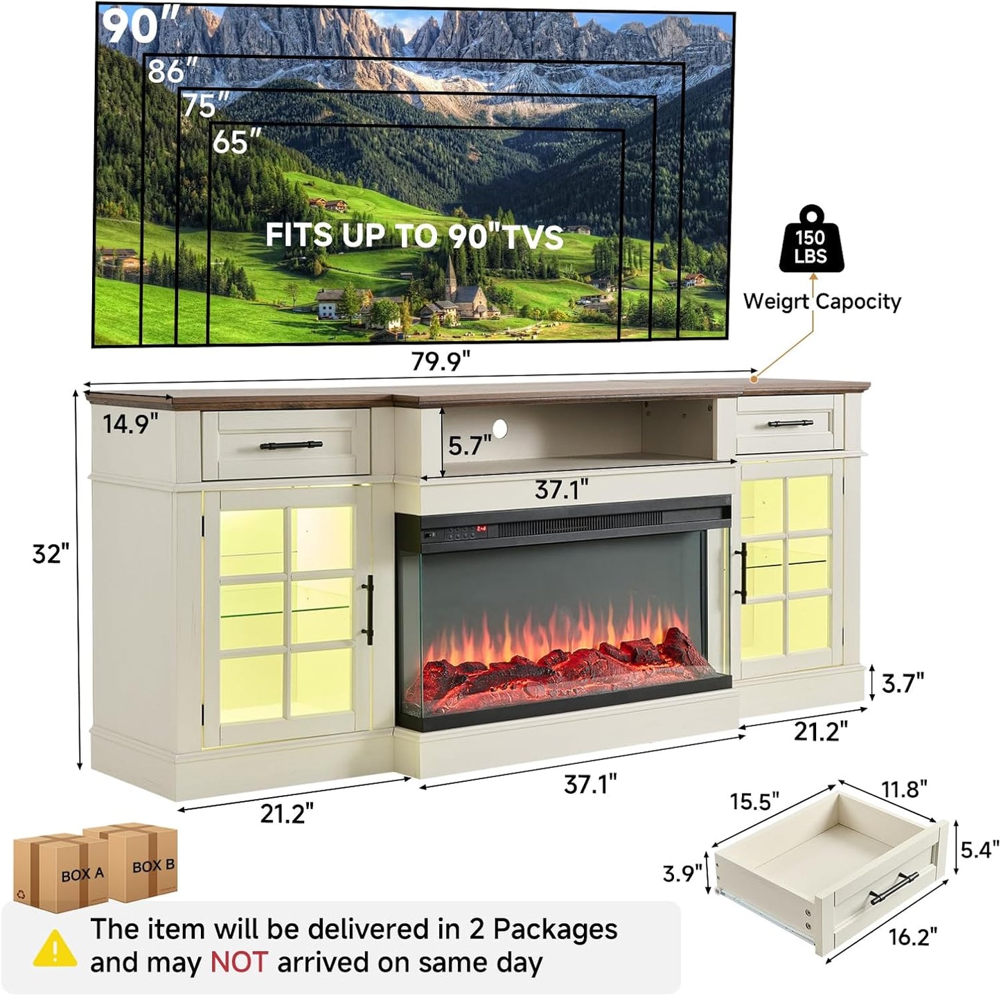 ROCKPOINT 3 Sided Glass 80" Fireplace TV Stand for TVs up to 90", Entertainment Center with Drawers and Glass Door Storage Cabinet for Living Room,36" Electric Fireplace & Adjustable LED Light,White