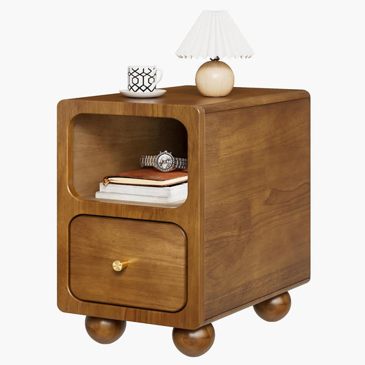 Solid Wood Nightstand, Narrow Night Stand with Drawers, Walnut Mid Century Modern Nightstand, Small Beside Table with Open Storage Shelf for Bedroom (12 inch)
