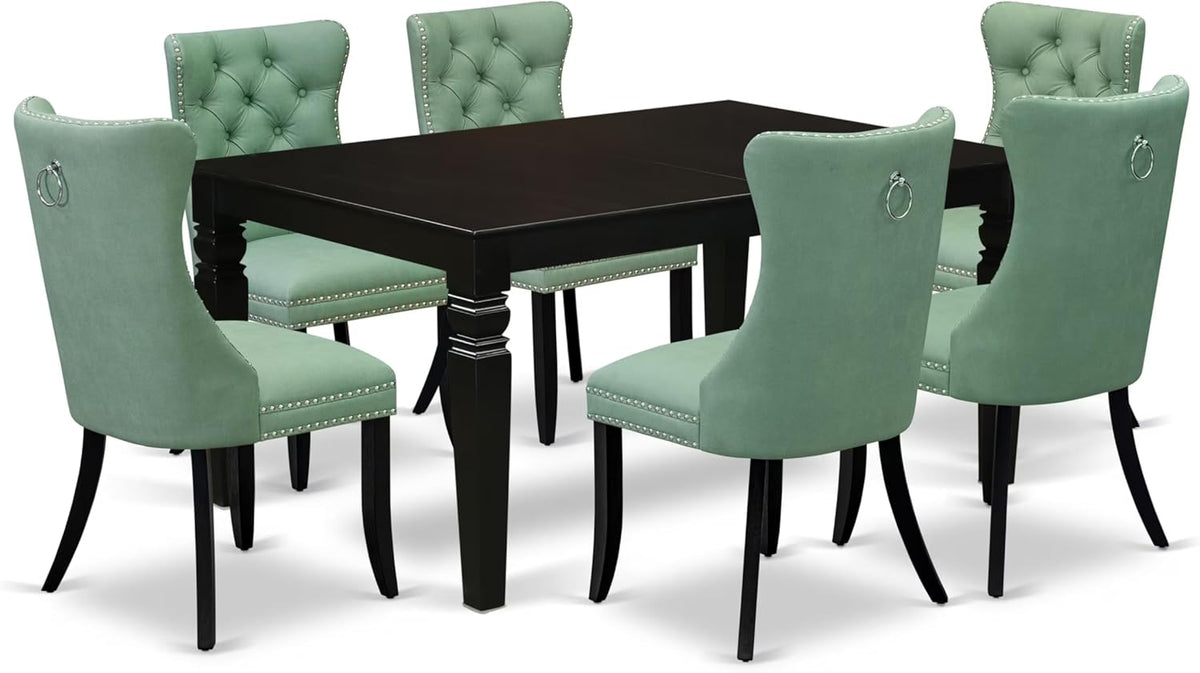 East West Furniture LGDA7-BLK-22 7 Piece Dining Table Set Consists of a Rectangle Kitchen Table with Butterfly Leaf and 6 Polyester Fabric Parson Chairs, 42x84 Inch, Black