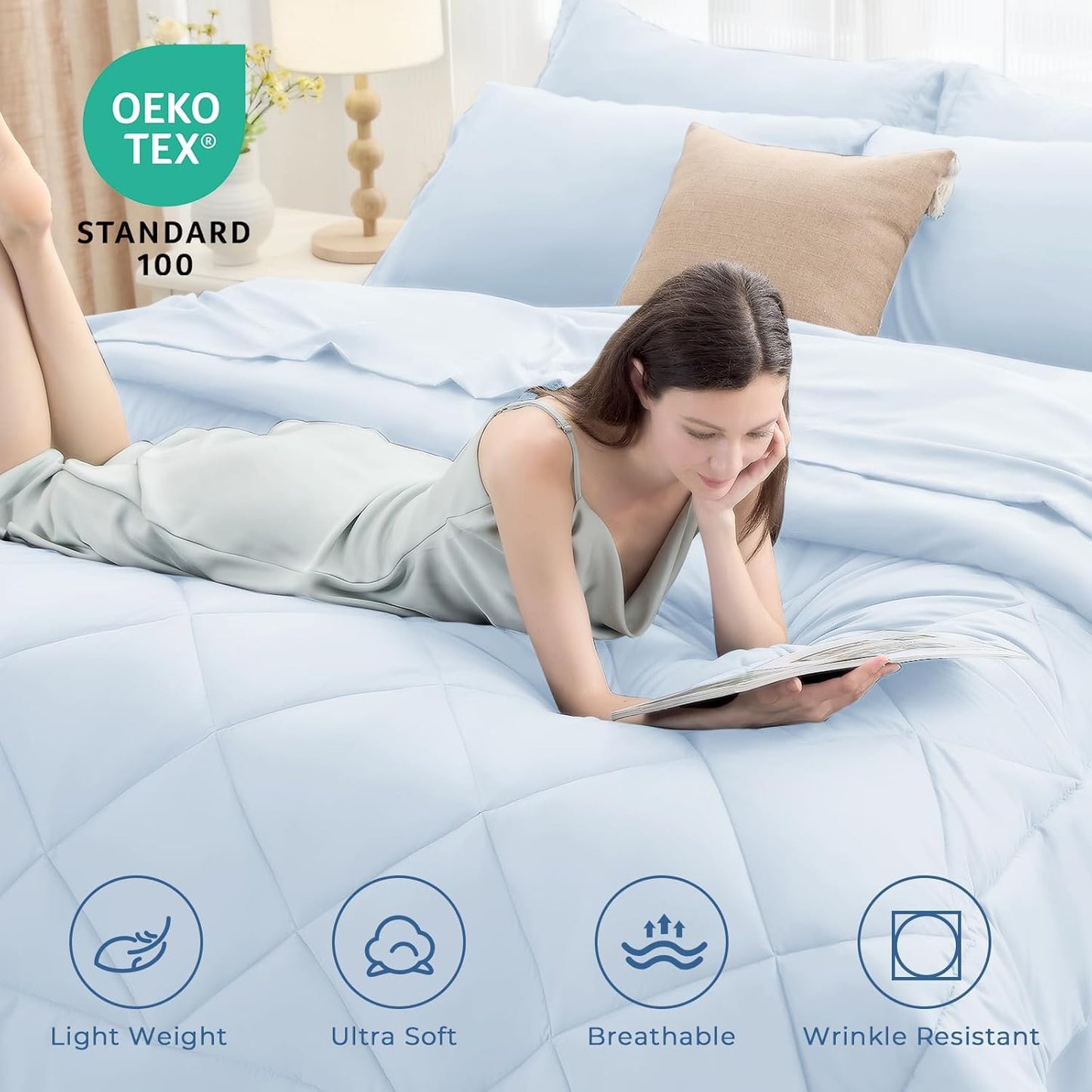 HEVUMYI Light Blue Twin Comforter Set - 5-Piece All Season Bed in a Bag Twin, Ultra Soft Bedding Set with Comforter, Flat Sheet, Fitted Sheet, Pillowcases, Pillow Shams