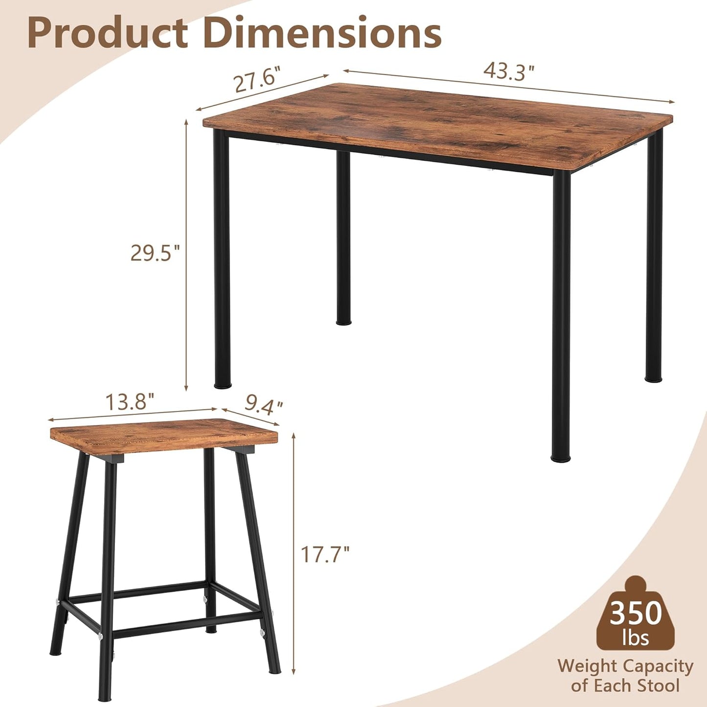 VECELO Kitchen Table and Chairs for 4, Dining Room Set with Chairs/Stools, Heavy-Duty Metal Frame with Wooden Tabletop for Small Spaces, Easy Assembly, Antique Brown
