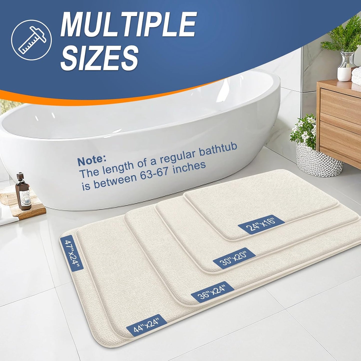 OLANLY Thick Memory Foam Bath Mat Rug 47x24, Extra Soft Absorbent Bathroom Rug, Quick Dry Bath Mats, Non-Slip, Machine Washable Carpet for Bathroom, Tub and Shower, Home Decor Accessories, Ivory