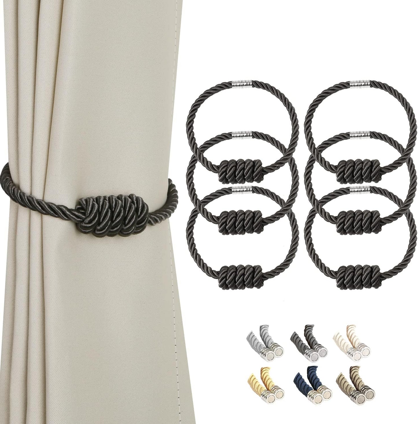 BEL AVENIR Magnetic Curtain Tiebacks, Decorative Drapery Holdbacks Modern Woven Tie-Backs with Exquisite Knot (Charcoal, 6 Pack)