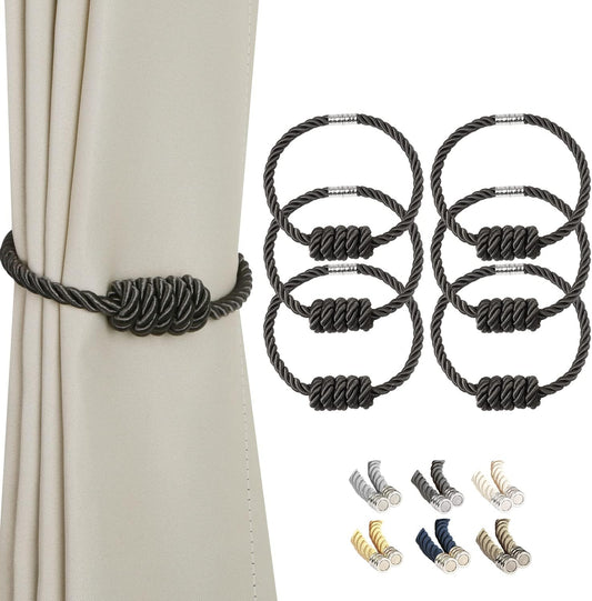 BEL AVENIR Magnetic Curtain Tiebacks, Decorative Drapery Holdbacks Modern Woven Tie-Backs with Exquisite Knot (Charcoal, 6 Pack)