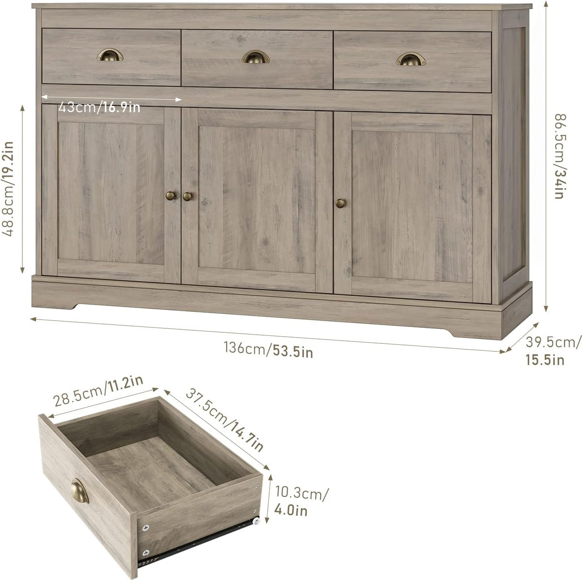 Keyluv Buffet Storage Cabinet, Sideboard Farmhouse Server Bar Wine Cabinet with 3 Drawers & 3 Doors Adjustable Shelves Console Table for Kitchen, Dining Living Room Cupboard, Grey Wash