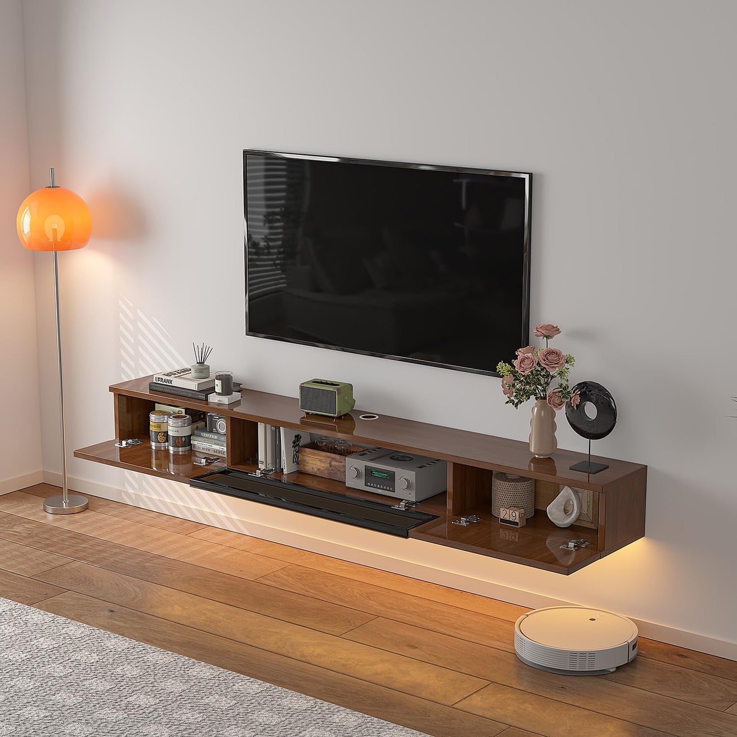 High Gloss Floating TV Stand,70'' Wall Mounted TV Console,Under TV Floating Shelf,Floating TV Cabinet with 3 Doors for Bedroom Living Room(Walnut)