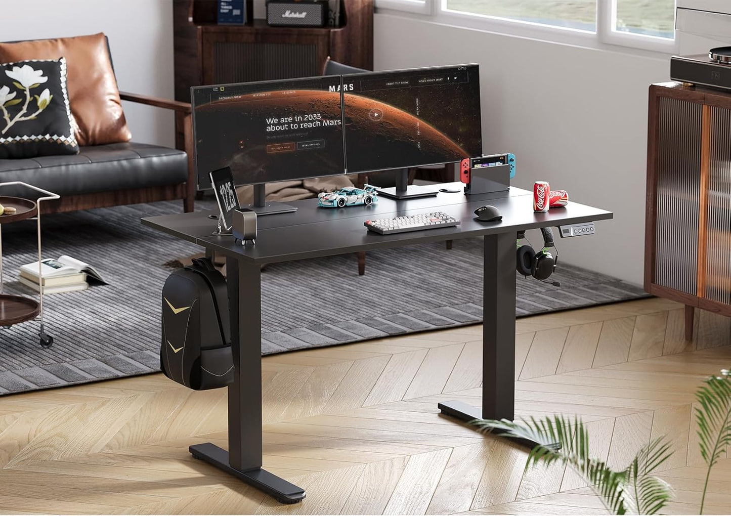 Seang Electric Standing Desk Adjustable Height, 40 x 24 Inch Sit Stand Desk with T-Shaped Frame, 3 Memory Presets & Cable Management for Home Office Computer Workstation, Black Frame/Black Top