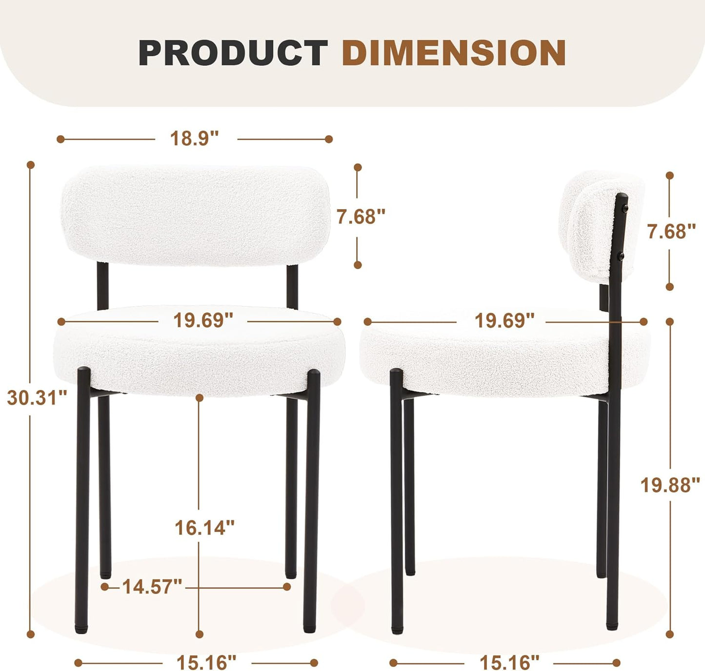 Dining Chairs Set of 2, White Boucle Dining Chair, Curved Backrest Upholstered Dining Room Chairs with Black Metal Legs, Mid Century Modern Dining Chairs for Kitchen, Living Room, White