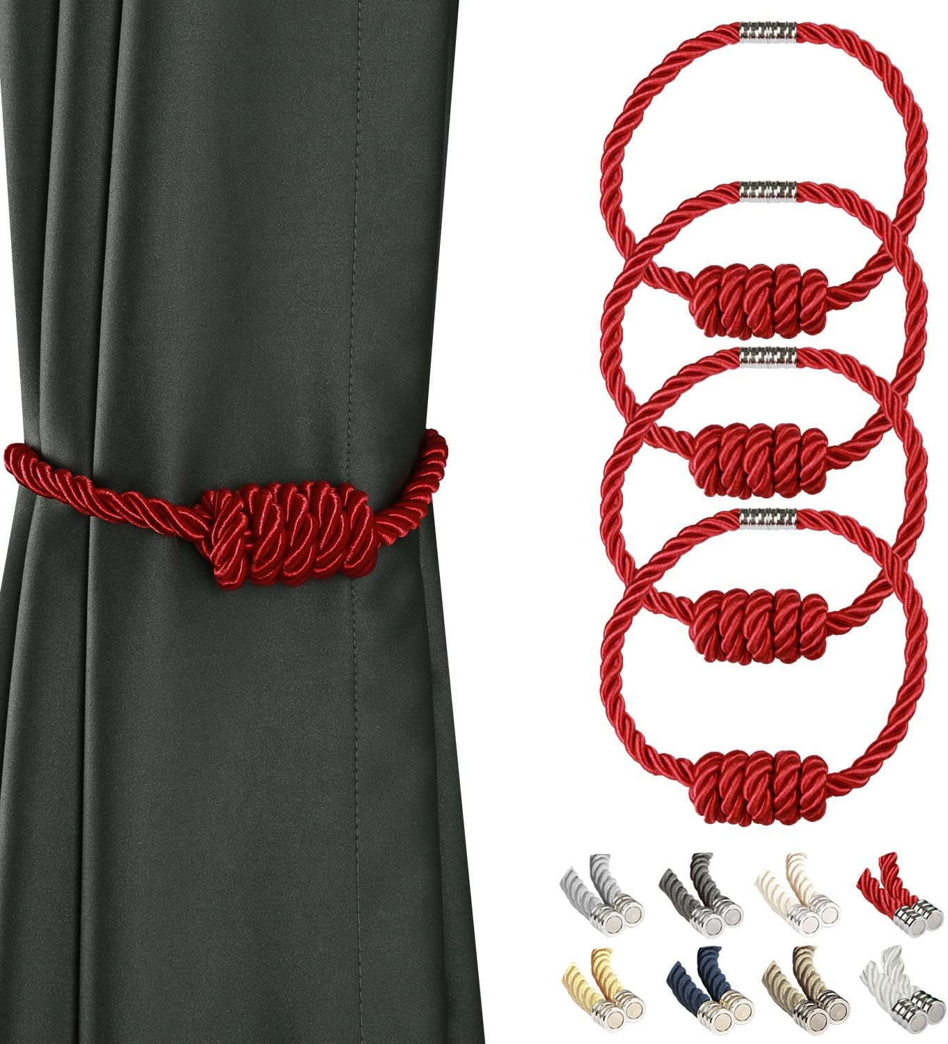 BEL AVENIR Magnetic Curtain Tiebacks, Decorative Drapery Holdbacks Modern Woven Tie-Backs with Exquisite Knot (Red, 4 Pack)