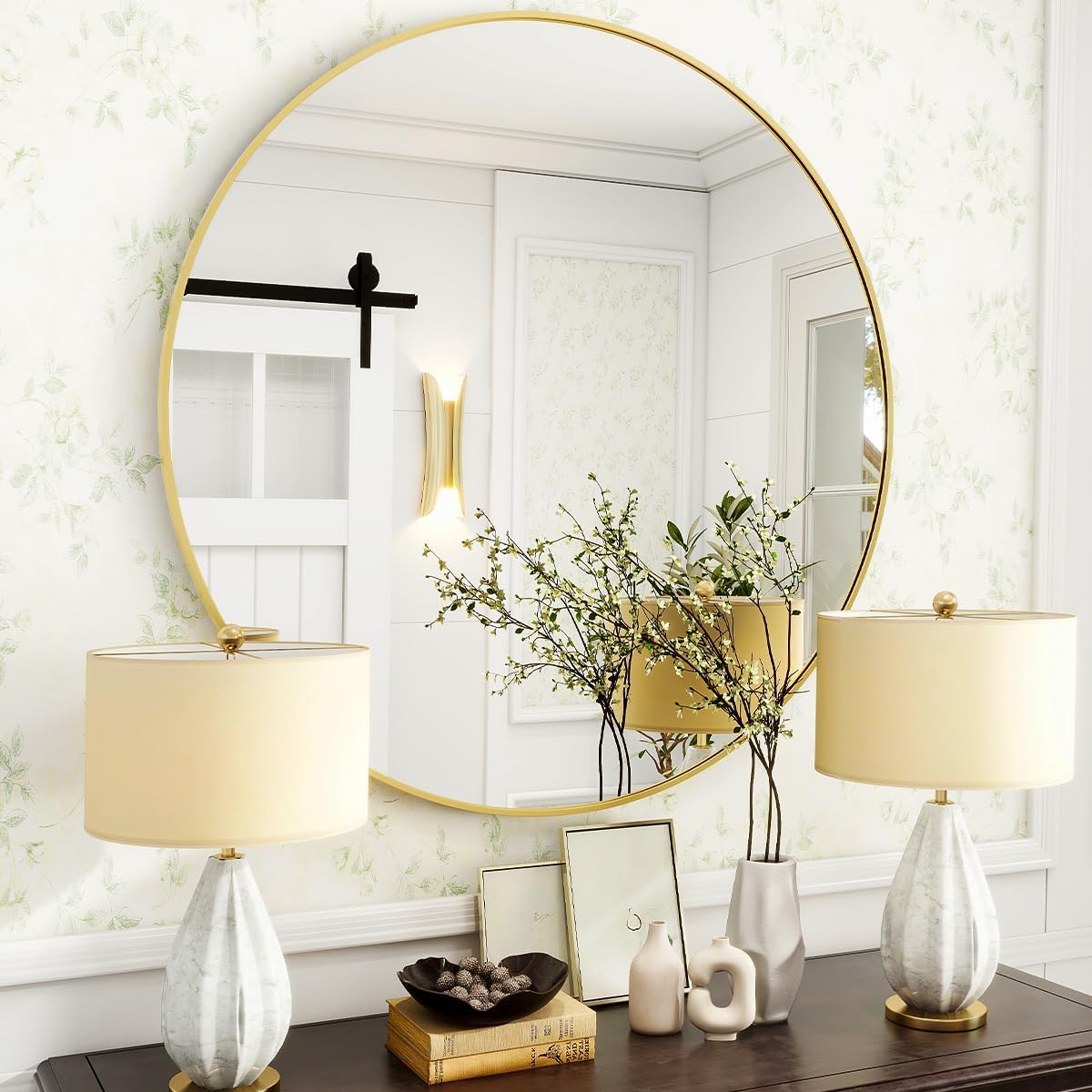 Gold Round Bathroom Mirror, 30 inch Circle Wall Mounted Hanging Mirror with Simple Modern Circular Metal Frame for Hallway, Entryway, Living Room, Gold Frame