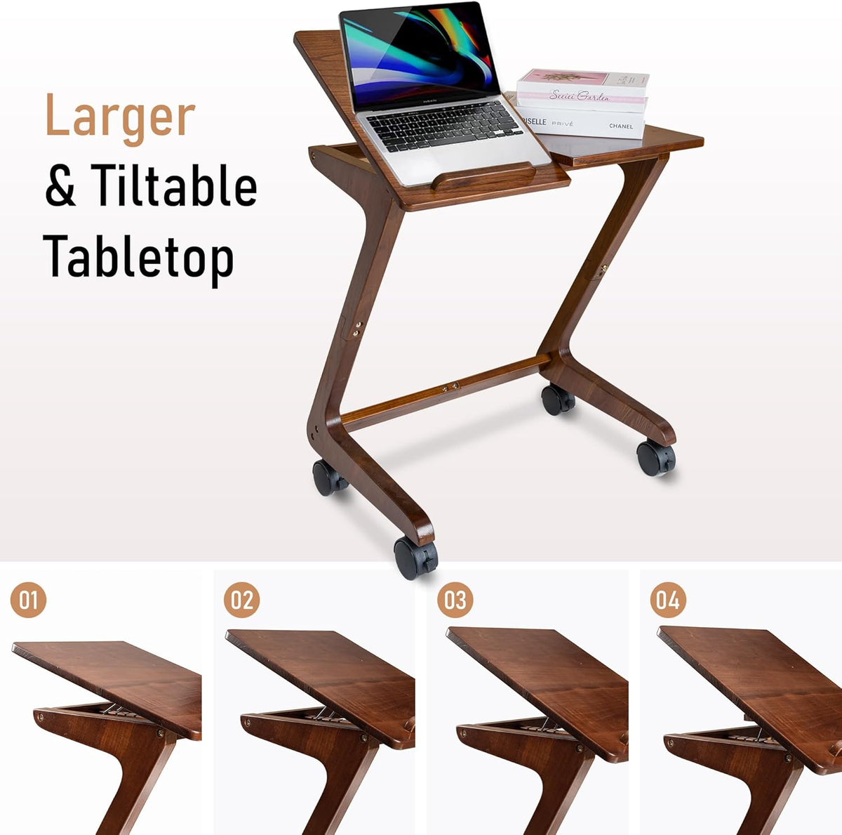 TV Tray Table with Casters, Solid Rubberwood End Tables, Sofa Side Table Couch Table Laptop Desk Removable Snack Tray for Coffee Bed Sofa Eating Writing Reading Living Room Bedroom, Dark Walnut