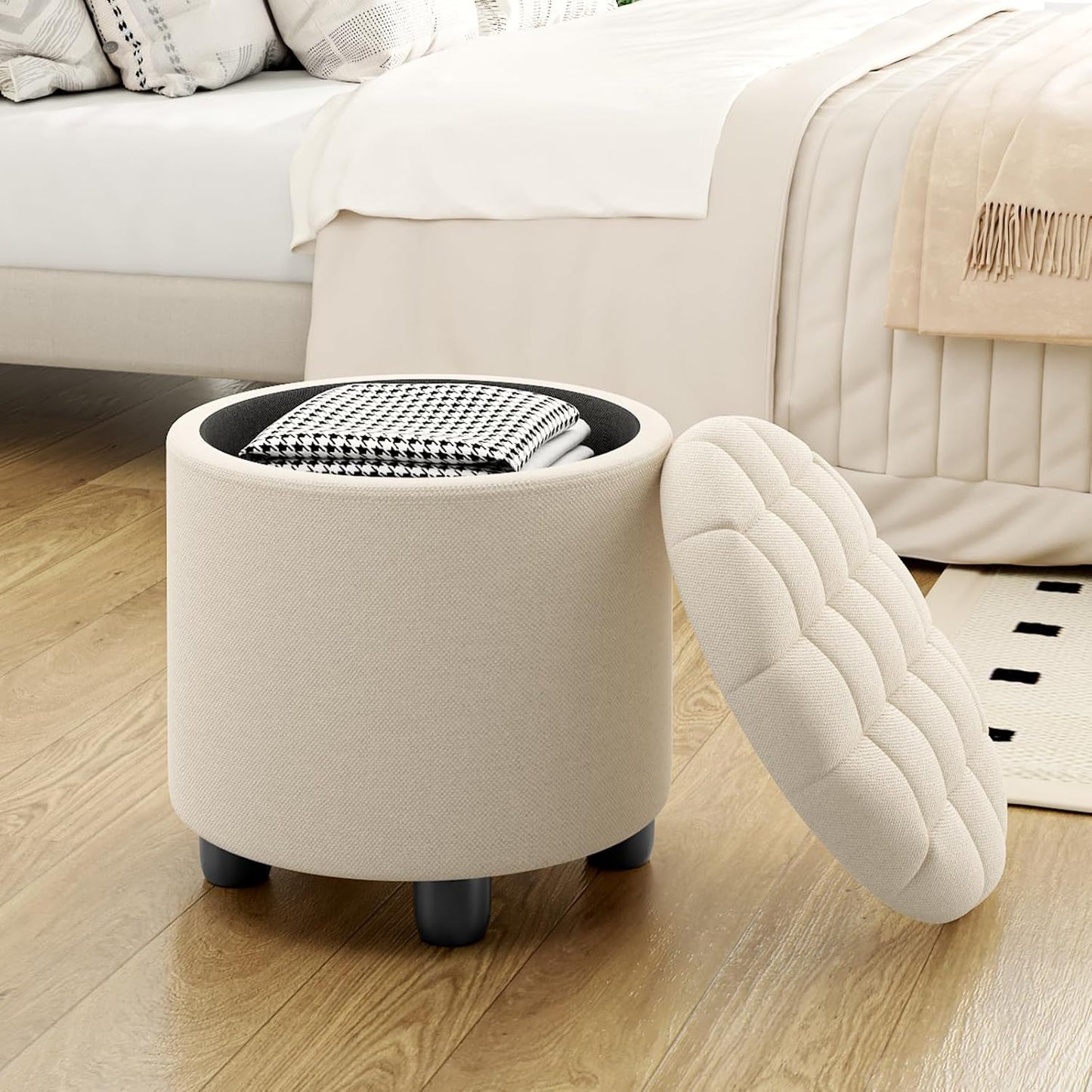 Furniliving Modern Round Storage Ottoman,Button Tufted Ottoman Foot Stools Ottoman Footstool with Removable Lid Storage Ottoman for Living Room, Bedroom, Makeup Room，Beige