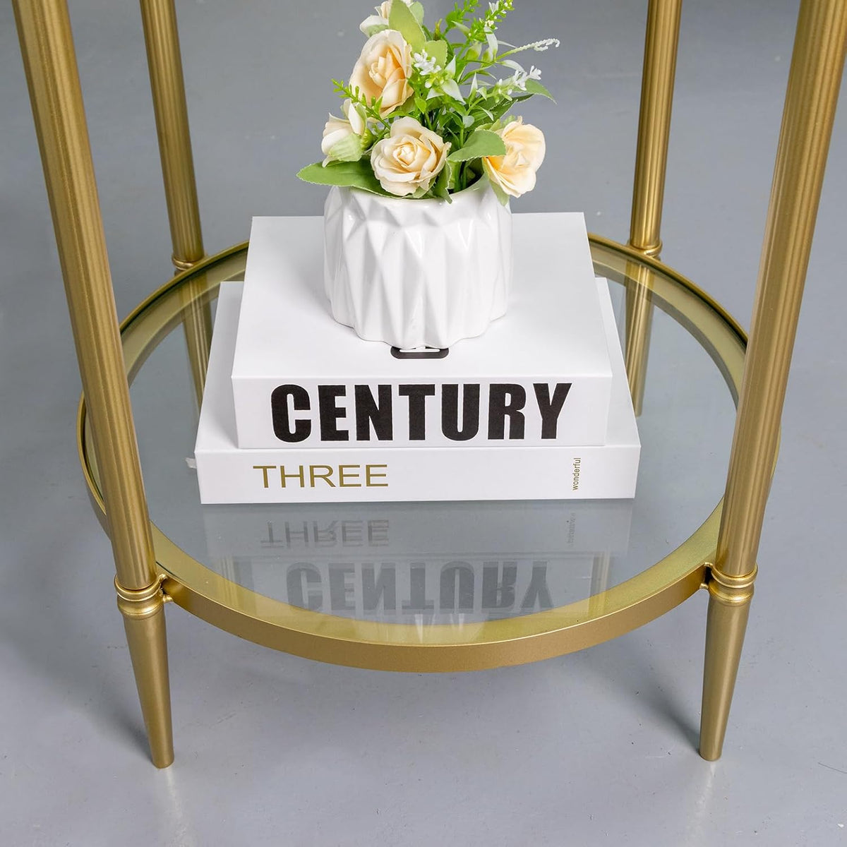 2 Tier Round Side Table, Gold End Table with Glass Top, Modern Metal Clear Coffee Tables, Small Accent Tables for Living Room, Bedroom, 18" x 18"