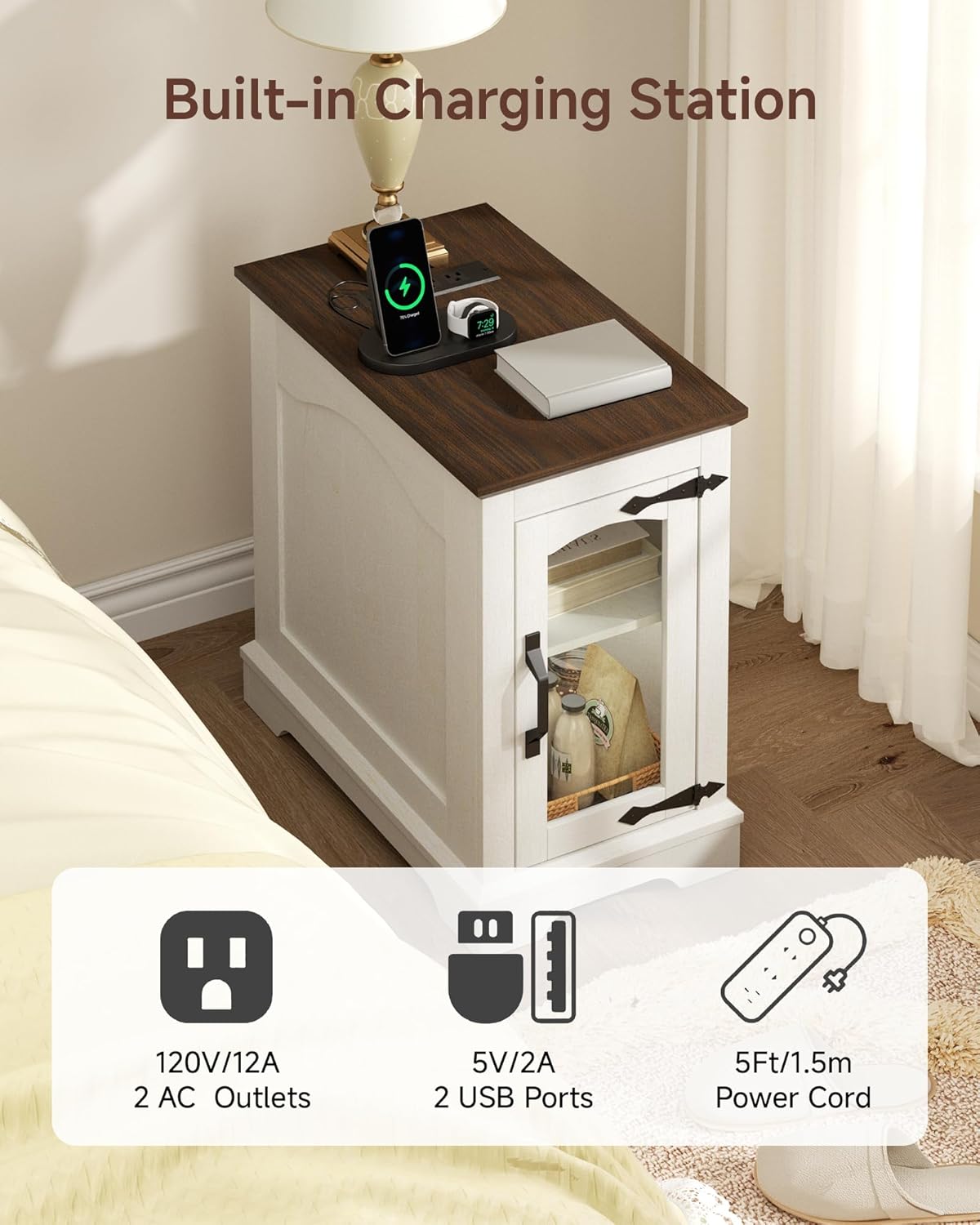 Narrow Side Table with Charging Station,13.8" W End Table with Storage for Sofa Couch or Bed Side with Outlets & USB Ports, Farmhouse Nightstand for Bedroom Livingroom (Glass,White & Walnut)