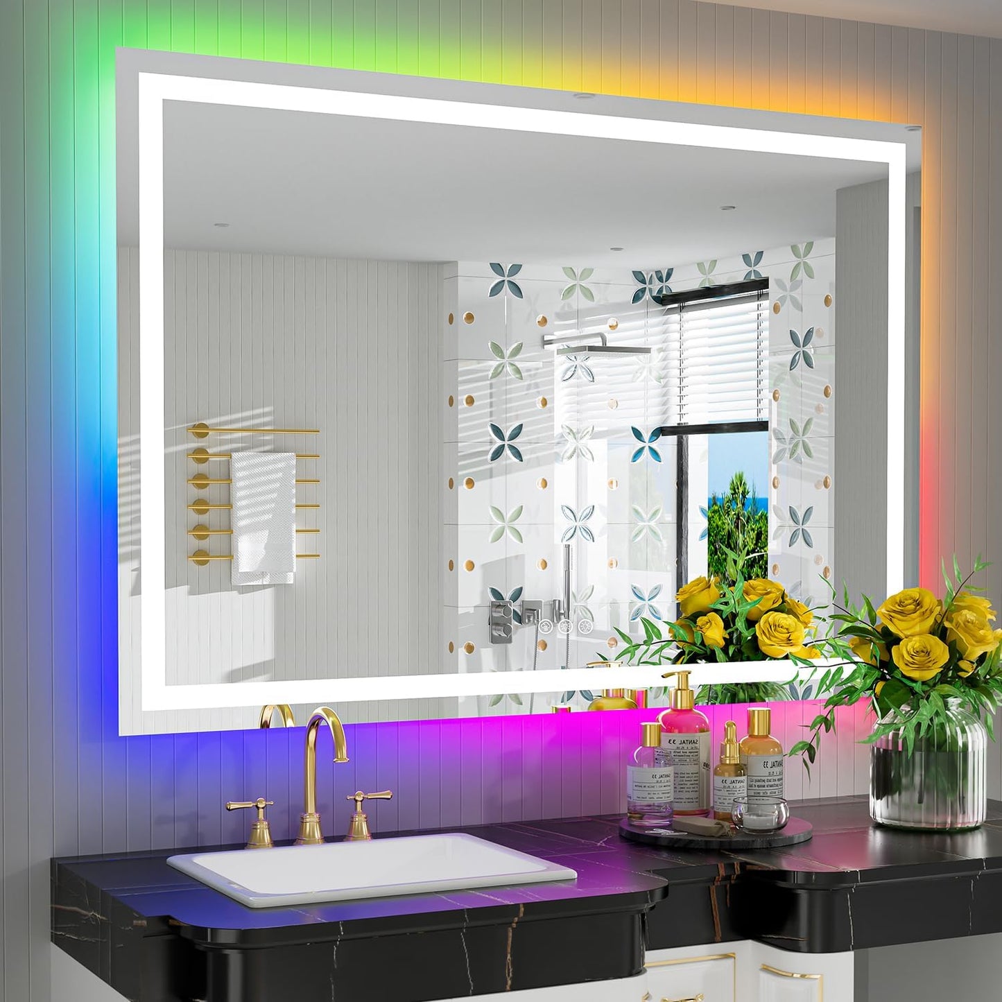 51x40 Inch RGB LED Bathroom Mirror Front Light and RGB Backlit Lighted Vanity Mirror for Bathroom Wall Mounted Dimmable Anti Fog Memory Shatter-Proof IP54 Waterproof Horizontal/Vertical