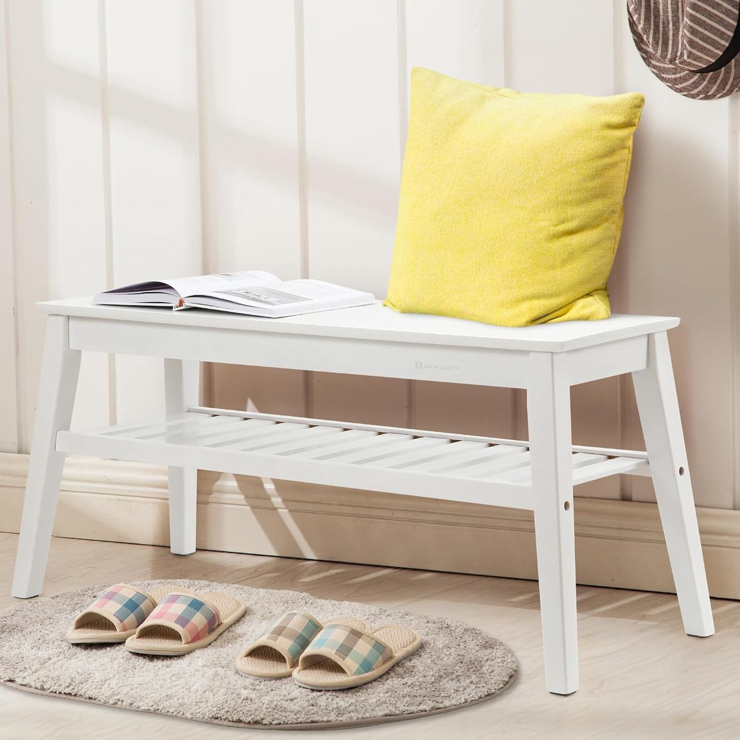 Nnewvante 33.46" Bamboo Dining Bench, 2 Tier Indoor White Storage Bench for Entryway, Outdoor Wooden Bench, Small Wood Benches for Front Porch, Living Room, Bedroom, Holds up to 300 lbs